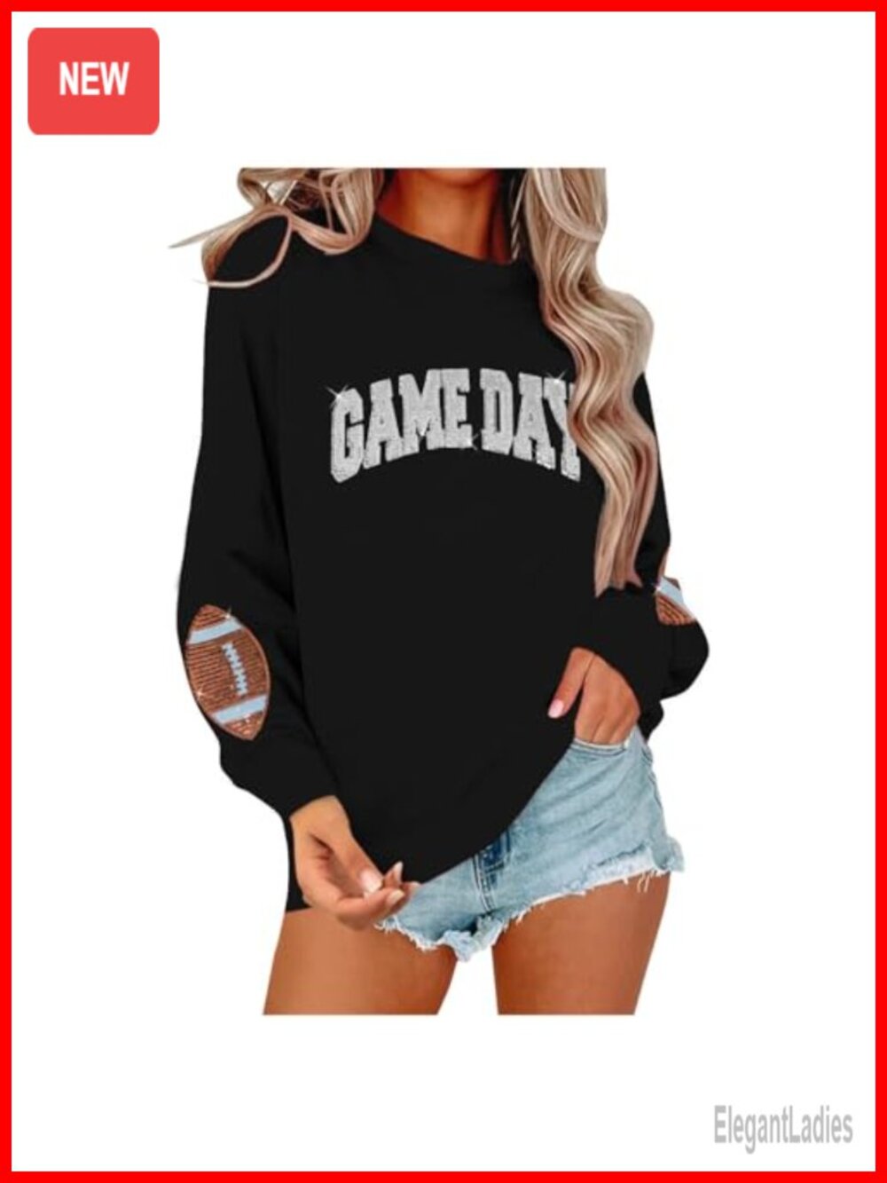Sequin Football Crew Neck Sweatshirt Long Sleeve Pullover
